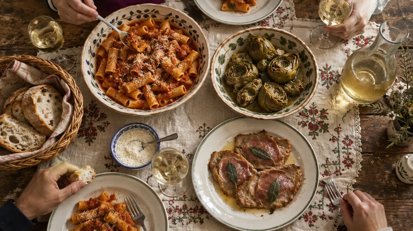 Una tavola romana con rigatoni, carciofi, saltimbocca, pane e vino